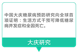 中国大庆糖尿病预防研究向全球首项证明：生活方式干预可降低糖尿病并发症死亡和全因死亡。